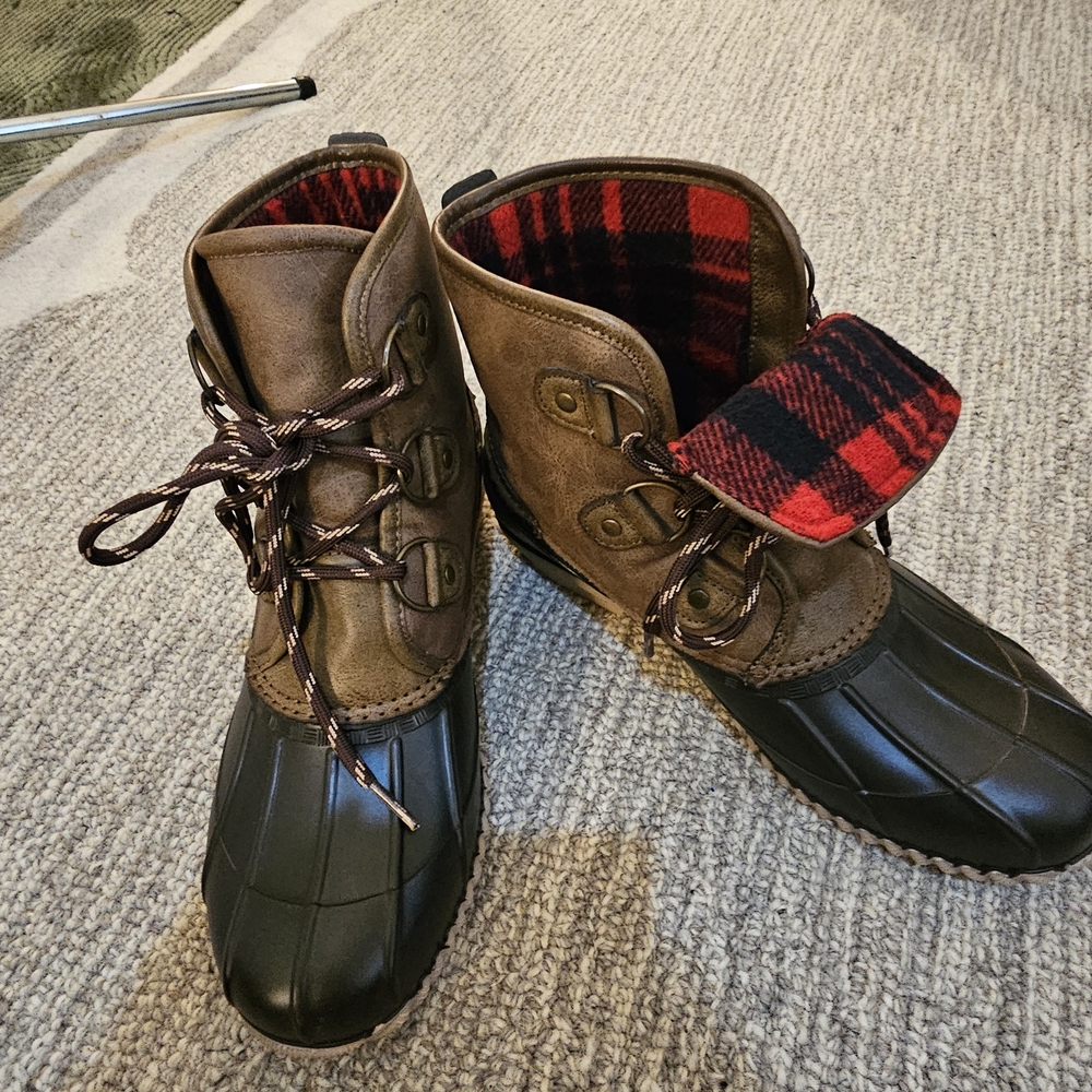 Maurices Brown and Black Boots with Red Plaid Lining